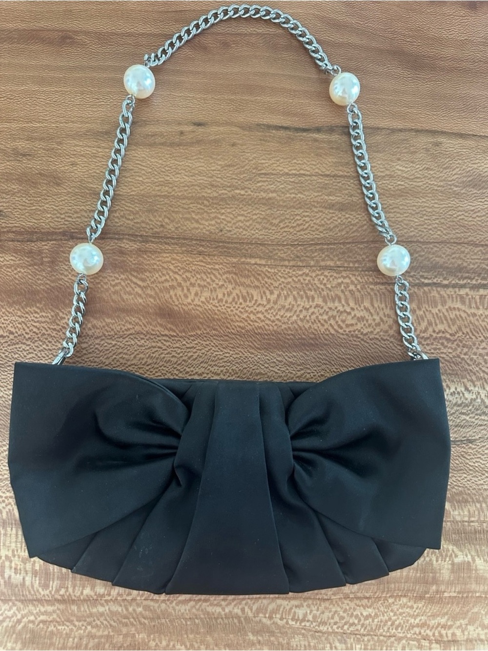 White House Black Market Black Bow-Front Evening Shoulder Bag with Pearl Chain - Picture 1 of 12